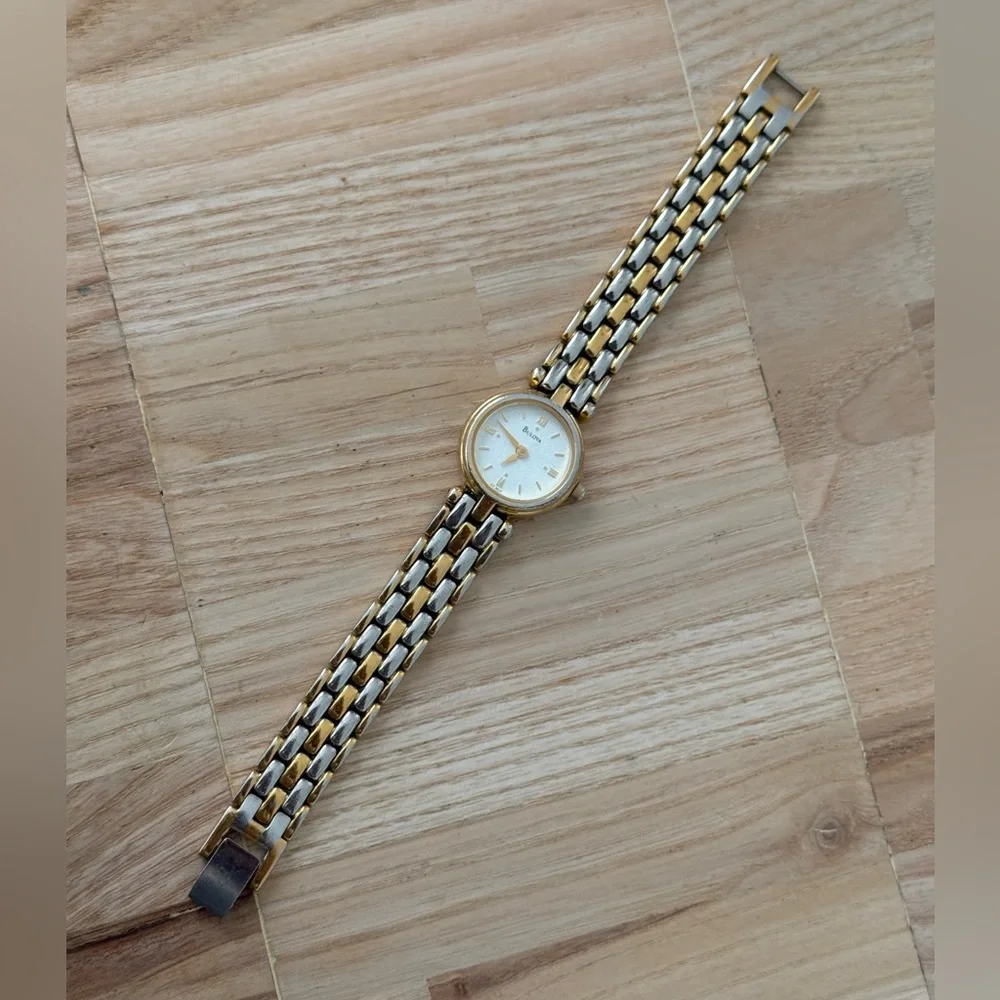 Bulova Vintage Ladies Watch Two-Tone Bracelet Pearl Dial Stainless Case New Batt
